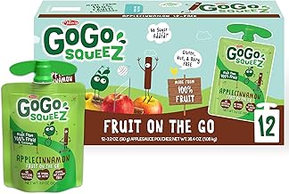 Applesauce and Fruit Puree, Apple Cinnamon, 3.2 oz (Pack of 12), Unsweetened Fruit Snacks for Kids, Gluten Free, Nut Free and Dairy Free, Recloseable Cap, BPA Free Pouches