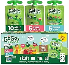 Applesauce and Fruit Puree Variety Pack, Apple, Peach & Gimme Five!, 3.2 oz (Pack of 20), Unsweetened Fruit Snacks for Kids, Gluten Free, Nut Free, BPA Free Pouches (Packaging May Vary)