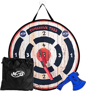 NSG Tomahawk Toss - Foam Axe Throwing Game for Kids - Two Lightweight Axes with Large Easy Stick Target, Wood/Black/red/Blue (JS7000)