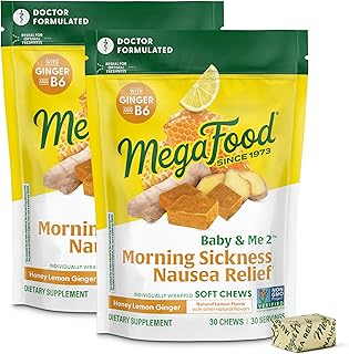 MegaFood Baby & Me Prenatal Morning Sickness Relief, Ginger Chews, with Vitamin B6, Made Without 9 Food Allergens, Honey Lemon Ginger Flavor, 30 Chews (Pack of 2)