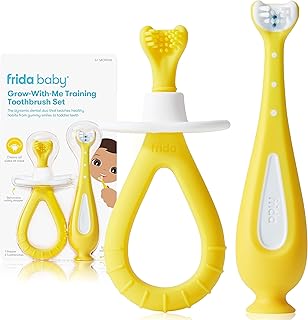 Frida Baby Grow-with-Me Baby Toothbrush Training Set | Infant to Toddler Toothbrush 0-12 months, Cleans All Sides at Once, Oral Care for Sensitive Gums | Yellow