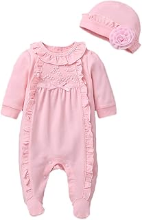 Sponsored Ad - Infant Baby Girl Ruffled Cotton Footies Footed Overall Romper with Hat Toddler Baby Footed Jumpsuit