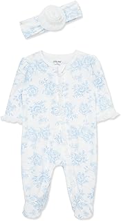 Little Me Clothes for Baby Girls 100% Cotton 2Pc Zipper Closure Footie and Headband Set, Baby Essentials, Preemie to 9 Months