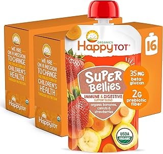 Happy Tot Organics Stage 4 Baby Food Pouches, Gluten Free, Vegan Snack, Super Bellies, Fruit & Veggie Puree, Banana, Carrot & Strawberry 4 Ounce (Pack of 16)