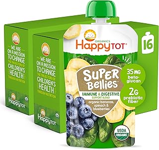 Happy Tot Organics Stage 4 Baby Food Pouches, Gluten Free, Vegan Snack, Super Bellies, Fruit & Veggie Puree, Banana, Spinach & Blueberries 4 Ounce (Pack of 16)