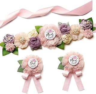 Baby Shower Maternity Sash Belly Belt-Pink & Purple Flower Sash Set Mom to Be & Dad to Be Corsage Pins for Gender Reveal