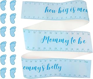 1 Roll 75 Inch Baby Shower Blue Measuring Tape Belly Measure Game with 12 Footprint Stickers Tommy Measuring Tape for Baby Shower Games Party Decorations Supplies