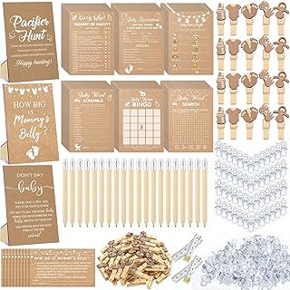 Sherr 476 Pcs Kraft Baby Shower Games 6 Sets Activities Cards Pacifier Hunt Game 50 Pacifiers How Big Is Mommy's Belly Sign 50 Guessing Cards 2 Measuring Tape Don't Say Baby Sign 50 Clothespin