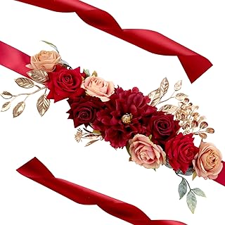 Burgundy Red Flower Belt Maternity Sash, Rose Gold Handmade Flower Belly Belt for Wedding Baby Shower Gender Reveal Party Decorations Supplies Photo Props