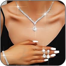 Aukmla Crystal Bride Wedding Jewelry Set Silver Rhinestones Bridal Necklaces Earrings Bracelet Sets Prom Jewelry for Women and Brides