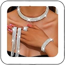 Unicra Rhinestone Bridal Wedding Jewelry Sets Silver Choker Necklace Earrings Bracelet Ring Set Prom Formal Costume Jewelry Set for Women and Brides