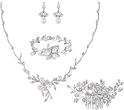 Sponsored Ad - EVER FAITH Marquise CZ Simulated Pearl Bridal Flower Leaf Filigree Necklace Earrings Bracelet Set