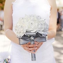 Sponsored Ad - Wedding Bouquets for Bride,9 x 7 in Bridal Bridesmaid Holding Flowers with Crystal Diamond and Soft Ribbons,White Rose Bridal Flowers,Bridesmaid Hand Flowers,Artificial Bouquet (Gray)