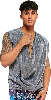 Men's Draped Collar Glitter Tank Top Cowl Neck Sleeveless Plain Party Summer Top