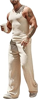 Men's 2 Piece Linen Sets Rib Knit Summer Outfits Sleeveless Tank Top Baggy Wide Leg Pants Set
