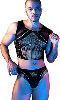 Mesh Crop Tank Tops For Men,Sheer Fishnet Hollow Out Sexy Top And Panties Set,2 Piece Rave Outfits Date Night Club Festival Exotic Dancewear Black One Size Fits All