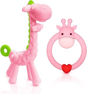 SHARE&CARE BPA Free Silicone Giraffe Baby Teether Toy with Storage Case, for 3 Months Above Infant Sore Gums Pain Relief and Baby Shower, Baby Teething Toys (Pink)