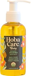 HobaCare Organic Jojoba Baby Oil with Pump – 100% Pure Natural Unrefined Unscented Cold Pressed Jojoba Oil for Baby Hair, Infant Skin, Body Care (4.22 oz)