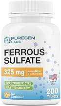 Puregen Labs Ferrous Sulfate 325 mg (65 mg Elemental Iron) High Potency Iron Supplement | No Artificial Color Additives - 200 Tablets Made in USA