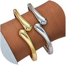 Gold Bangles Bracelet for Women Trendy, 2 Pcs Dainty Chunky Cuff Bracelet Stack Gold and Silver