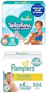 Splashers Swim Diapers - Size M, 18 Count, Gap-Free Disposable Baby Swim Pants + Pampers Sensitive Baby Wipes, Water Based, Hypoallergenic and Unscented, 6 Flip-Top Packs (504 Wipes Total)