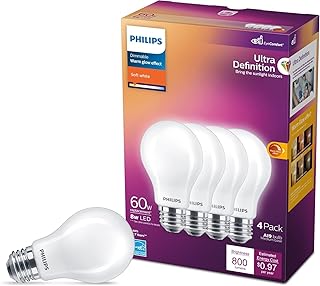 LED 60W A19 4-Pack Ultra Definition Soft White (2700K) 800 Lumen (8W = 60W) Dimmable Clear Flicker-Free Light Bulbs