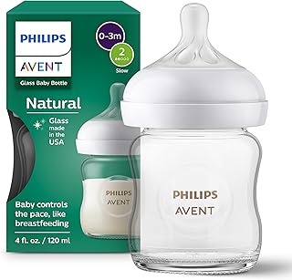 Philips Avent Natural Glass Baby Bottle with Natural Response Nipple (Slow Flow, Flow 2), 4oz, SCY910/01