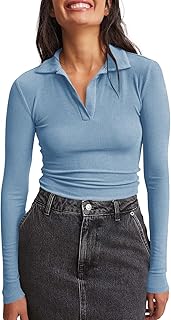 Womens Long Sleeve Polo Shirts V Neck Collared Work Shirt Slim Fit Ribbed Knit Basic Going Out Fall Tops