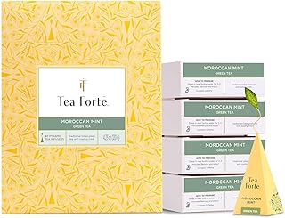 Tea Forte Moroccan Mint Premium Caffeinated Green Tea Blend Event Box, Bulk Pack 40 Count, 10 per tray Individually Wrapped Handcrafted Pyramid Infusers