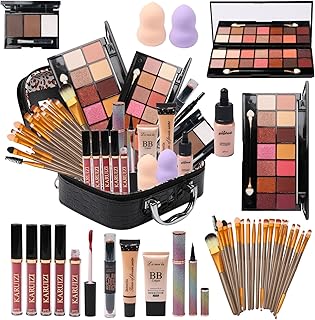 All in One Makeup Kit - 2X14 Eyeshadow Palette, Liquid Foundation, Eyeliner Pencils, Contouring Stick, Lip Gloss, 20Pcs Makeup Brushes (Black)