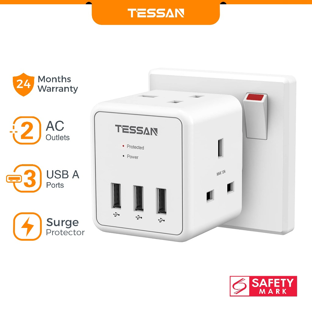 TESSAN Multi Plug Extension Adapter with USB+Type C,Surge Protector Wall Socket Charger Safety Mark