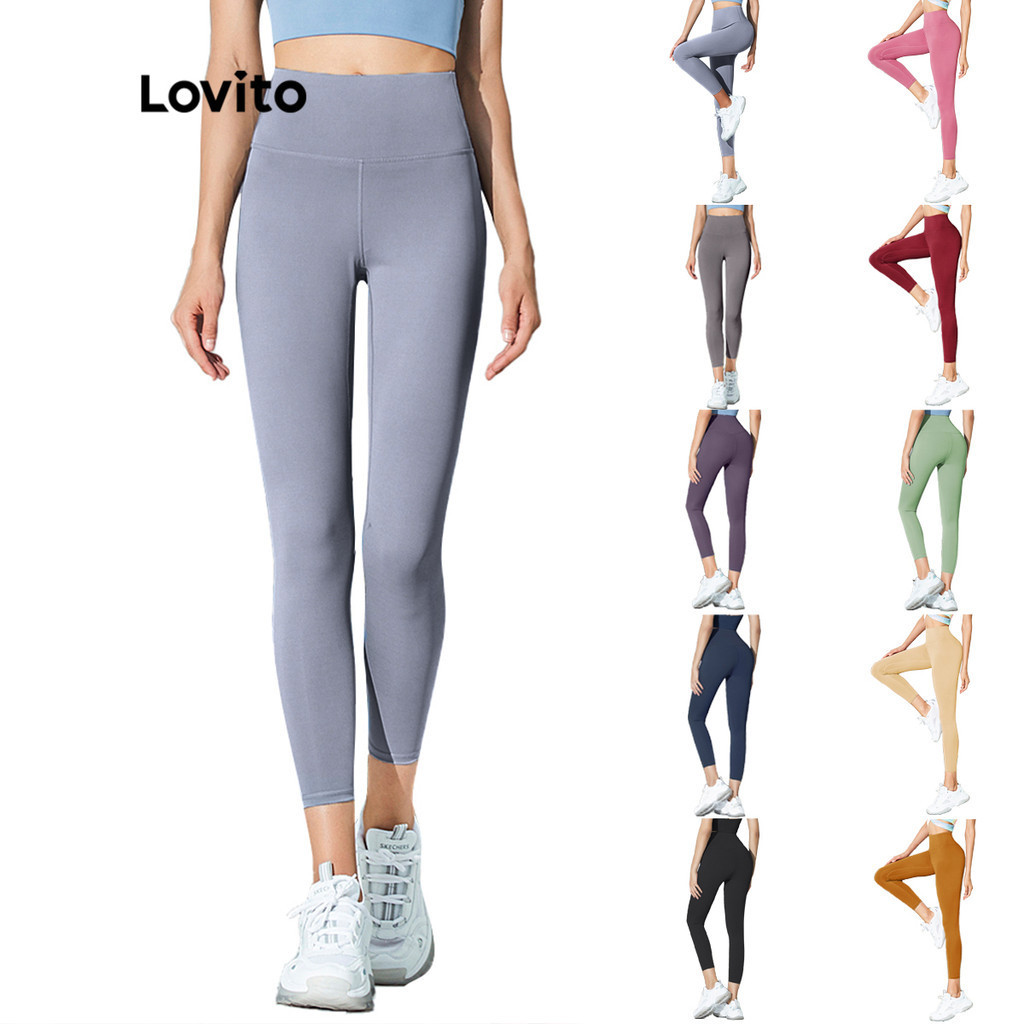 Lovito Summer Plain High Waist Sports Yoga Pants Compression Leggings for Woman L02044 (Light Blue/Pink/Black/Dark Blue)